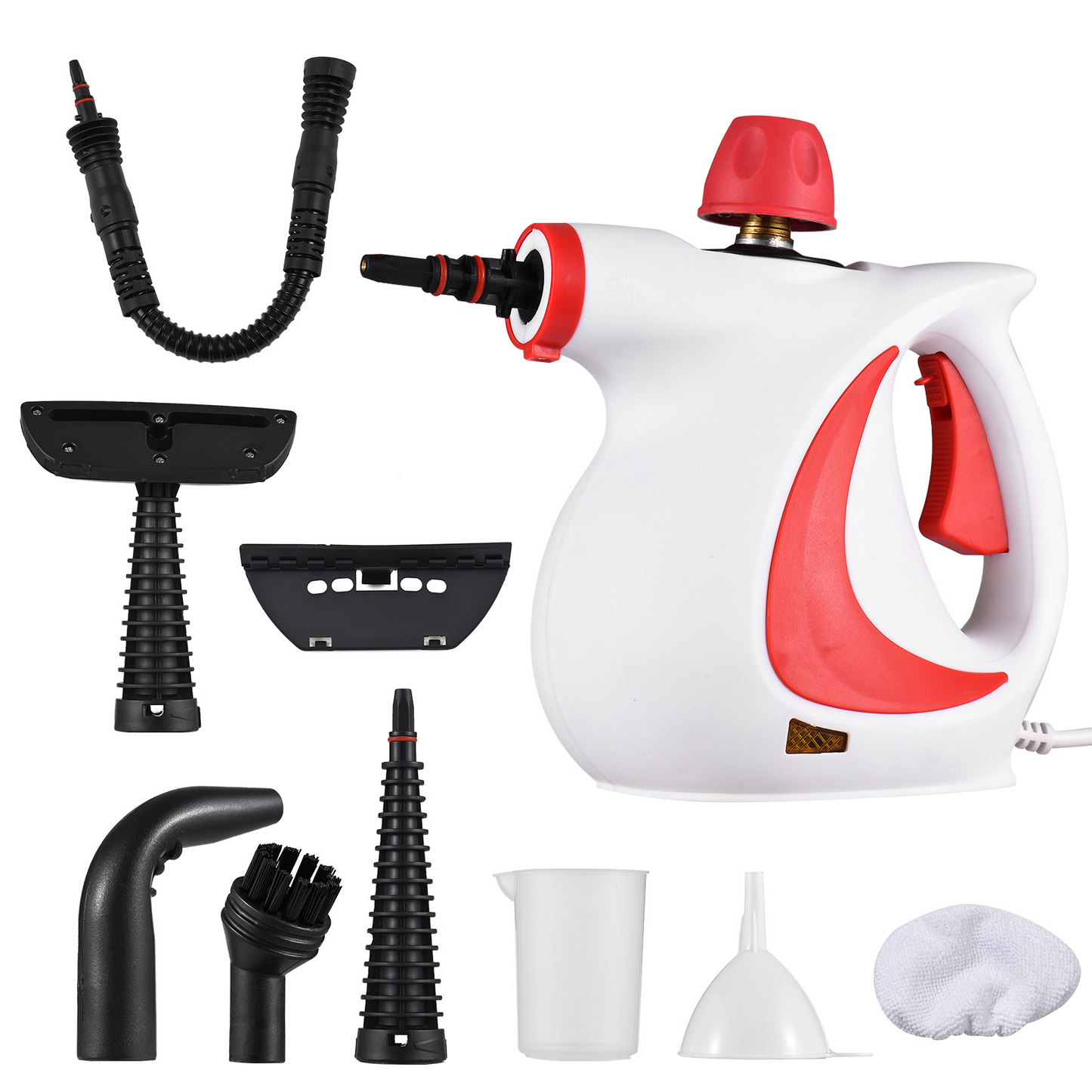 White and red handheld steam cleaner kit with accessory nozzles, hose, and cloth