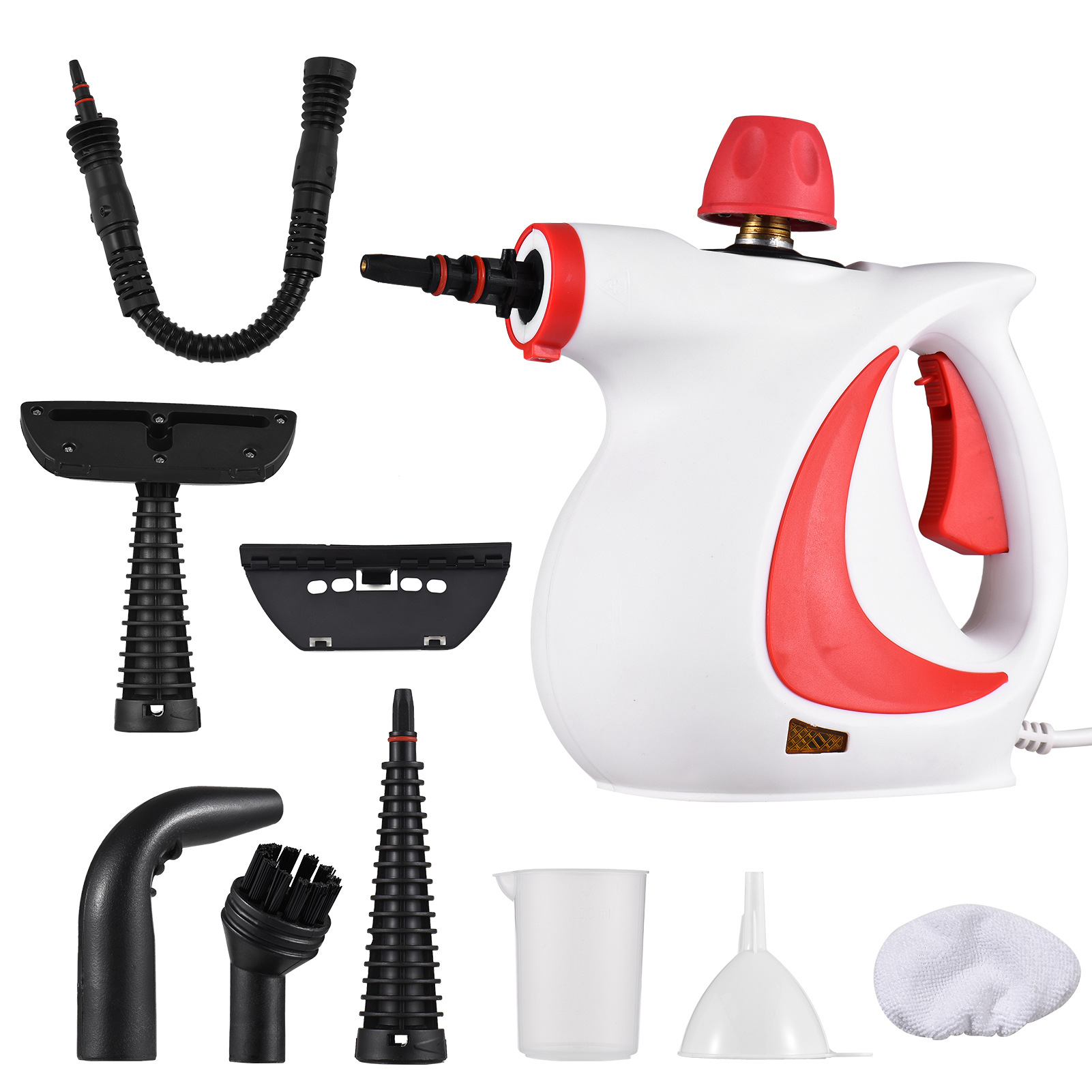 White and red handheld steam cleaner with accessory nozzles, hose, and cleaning cloth