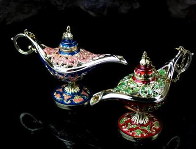 Genie lamp ornament with blue and gold handle, red base, and green accents