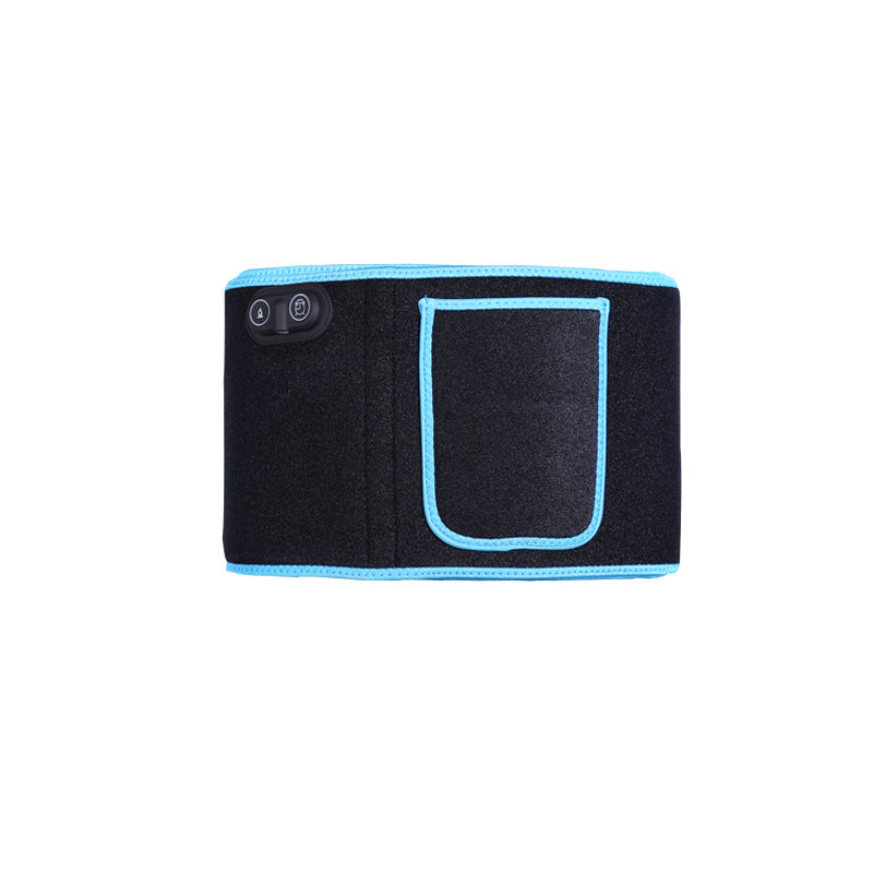 Infrared therapy waist belt with rectangular controller window and blue-trim pocket, black