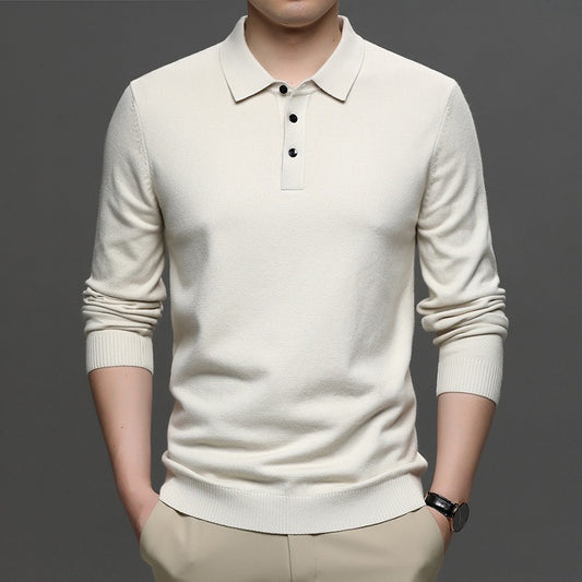 Off-white knit polo sweater with lapel collar, button placket, ribbed cuffs and hem.