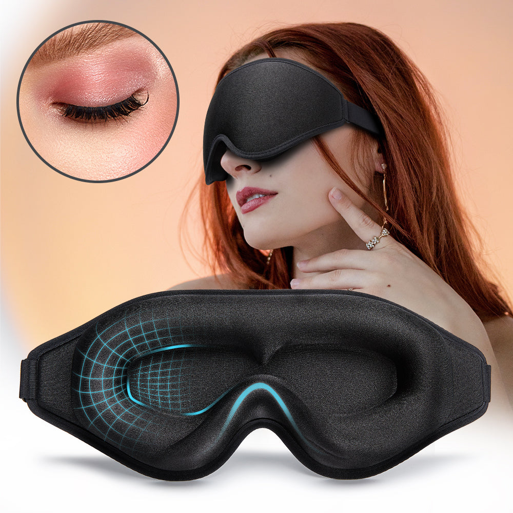 Contoured memory foam sleep mask with soft black fabric and curved eye cups