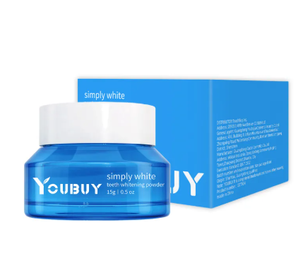 YouBUY simply white teeth whitening powder jar with matching blue product box
