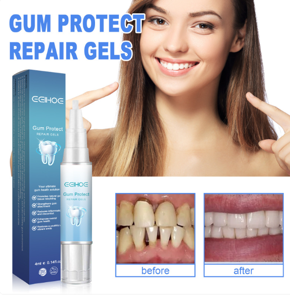 Gum protect repair gel box and tube with a smiling woman