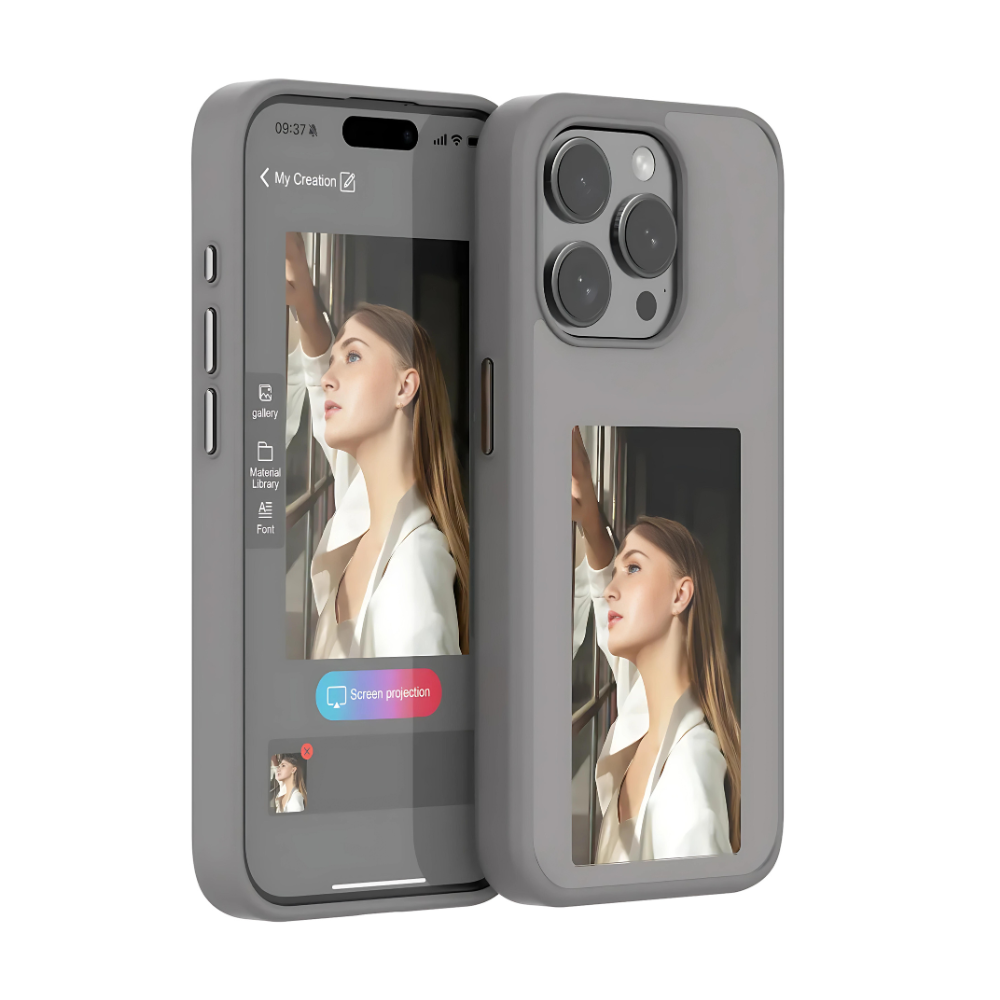 Gray iPhone case with e-ink display window and triple camera cutout