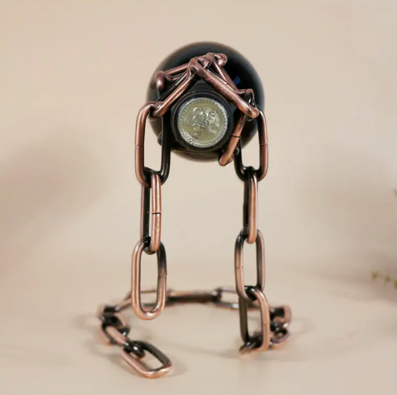 Wine bottle chain holder with bronze frame and chain base for bottle