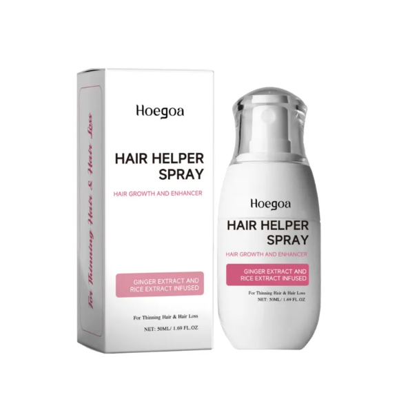 Hair helper spray bottle and box set labeled Hoegoa; Ginger and Rice extract infused