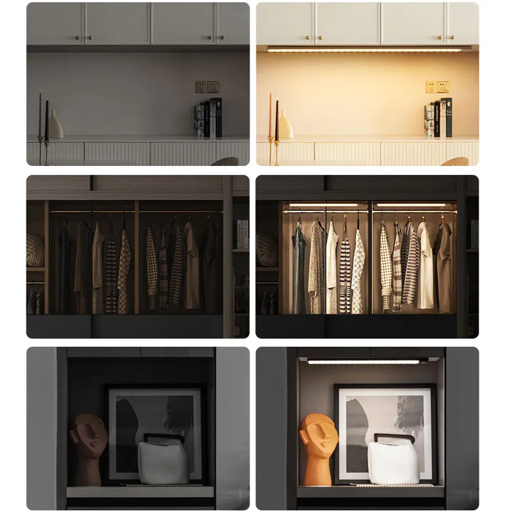 Wireless LED motion sensor light bar installed in closet, shelf lighting