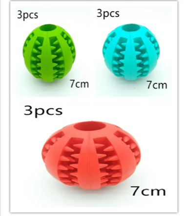 Set of dog treat dispensing rubber balls: green, blue, and red; size marked 7cm