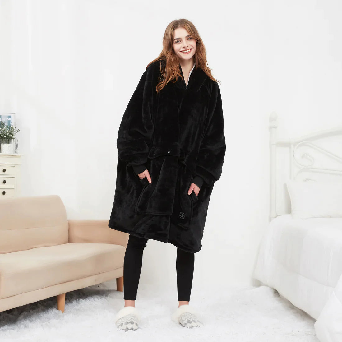 Heated hoodie blanket with hood, black plush belted robe and side pockets