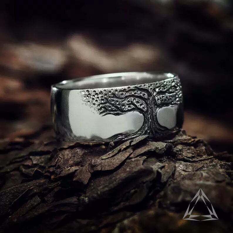 Tree of Life carved wide band ring, antique silver finish, carved branches over the band.
