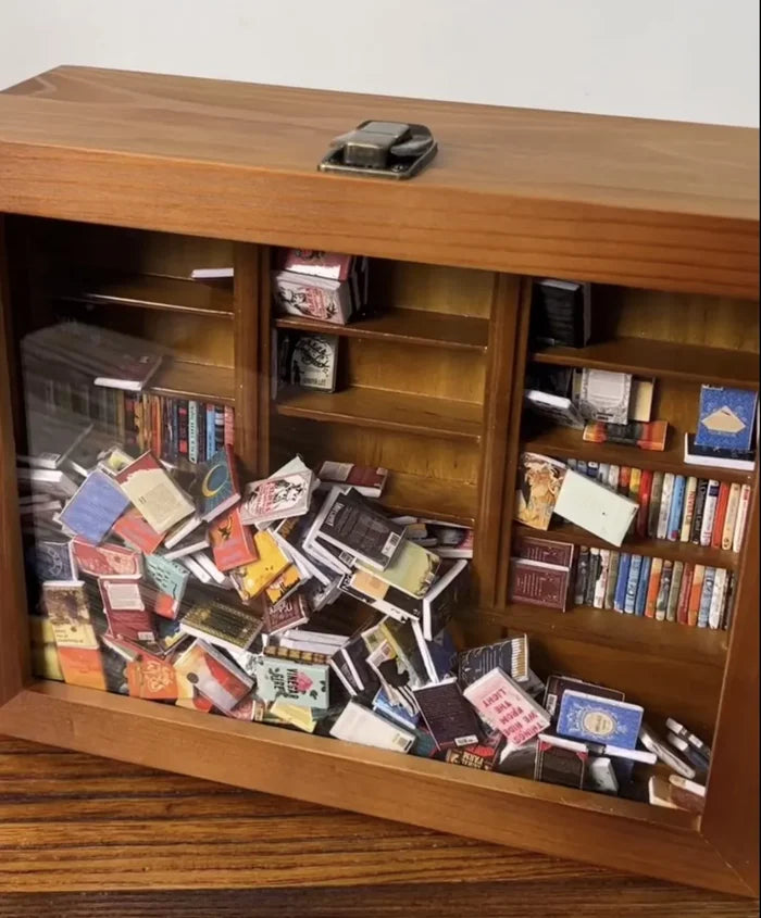 Brown wooden bookcase cabinet with glass doors and mixed books on lower shelves