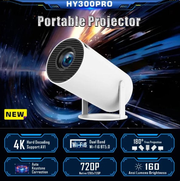White portable projector with front lens and adjustable tabletop stand, showing HD features