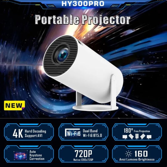 White portable projector with front lens and adjustable tabletop stand, showing HD features