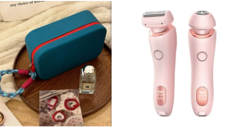 Electric duo body shaver set in pink, with teal zip travel case