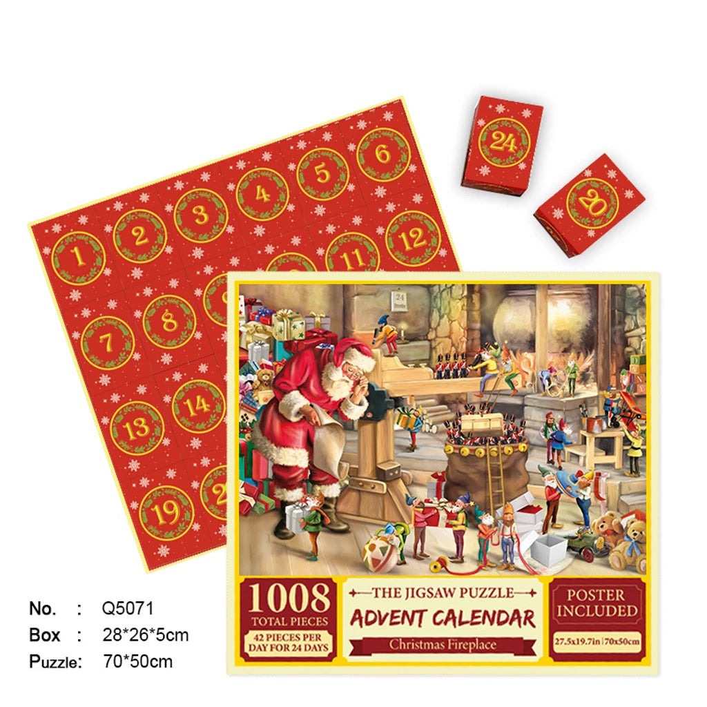 Christmas advent calendar jigsaw puzzle set with red board, booklets, and included poster