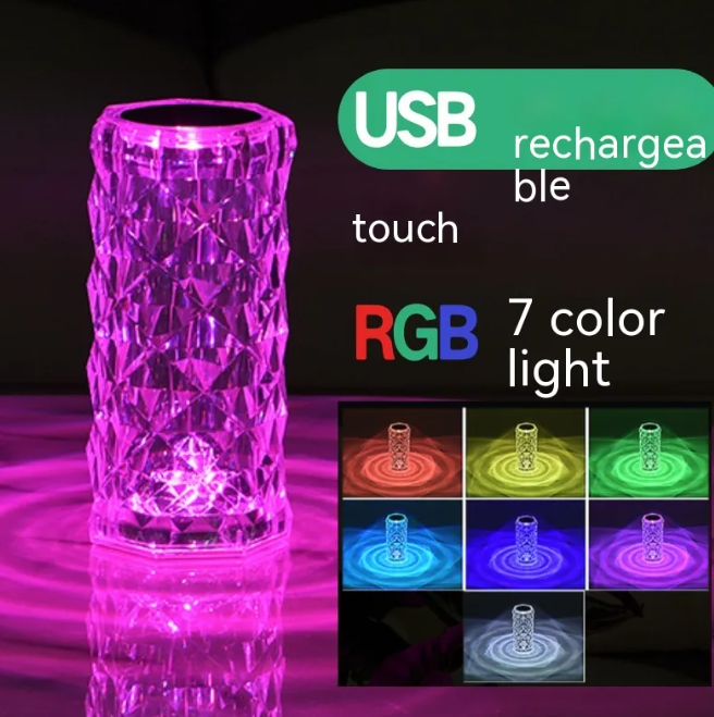 CrystalBloom LED rose lamp with faceted glass sides and pink-magenta glow