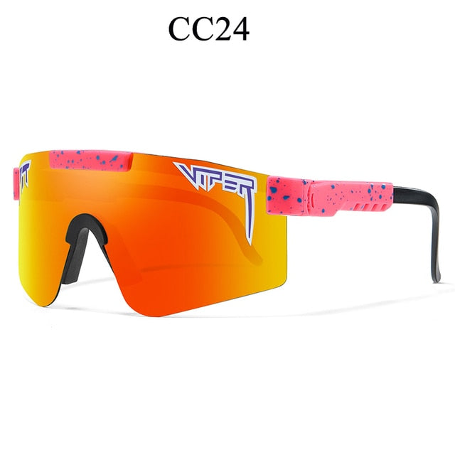 Sporty wrap sunglasses with orange mirror shield lens, black frame, pink speckled temple