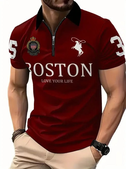 Red zip-up polo shirt with BOSTON text, crest, and polo player icon on front