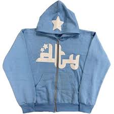 Light blue zip-up hoodie with white star and front graphic, full hood, front zipper