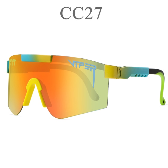 Women's sport sunglasses with orange mirrored lenses, green frame, and blue adjustable band