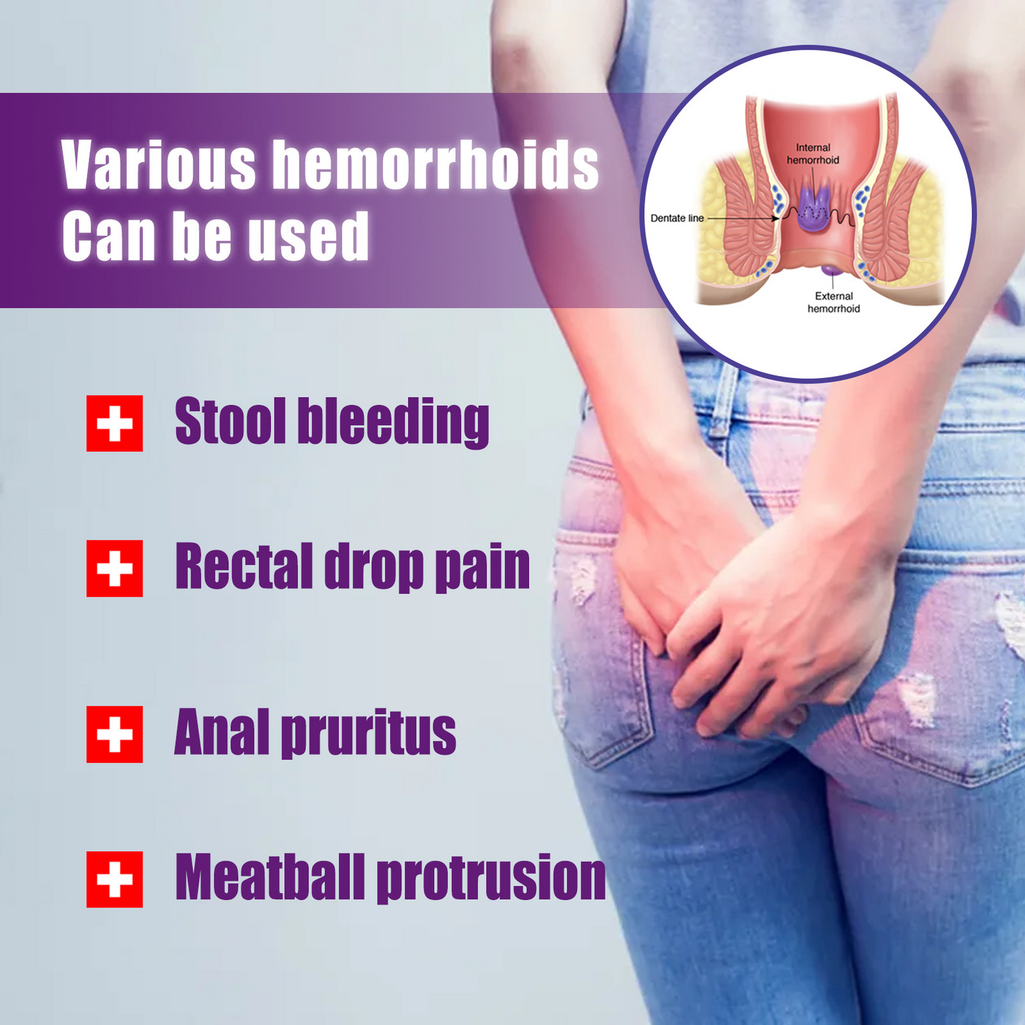 Jeans-clad person holding lower back with hemorrhoid relief spray bottle beside