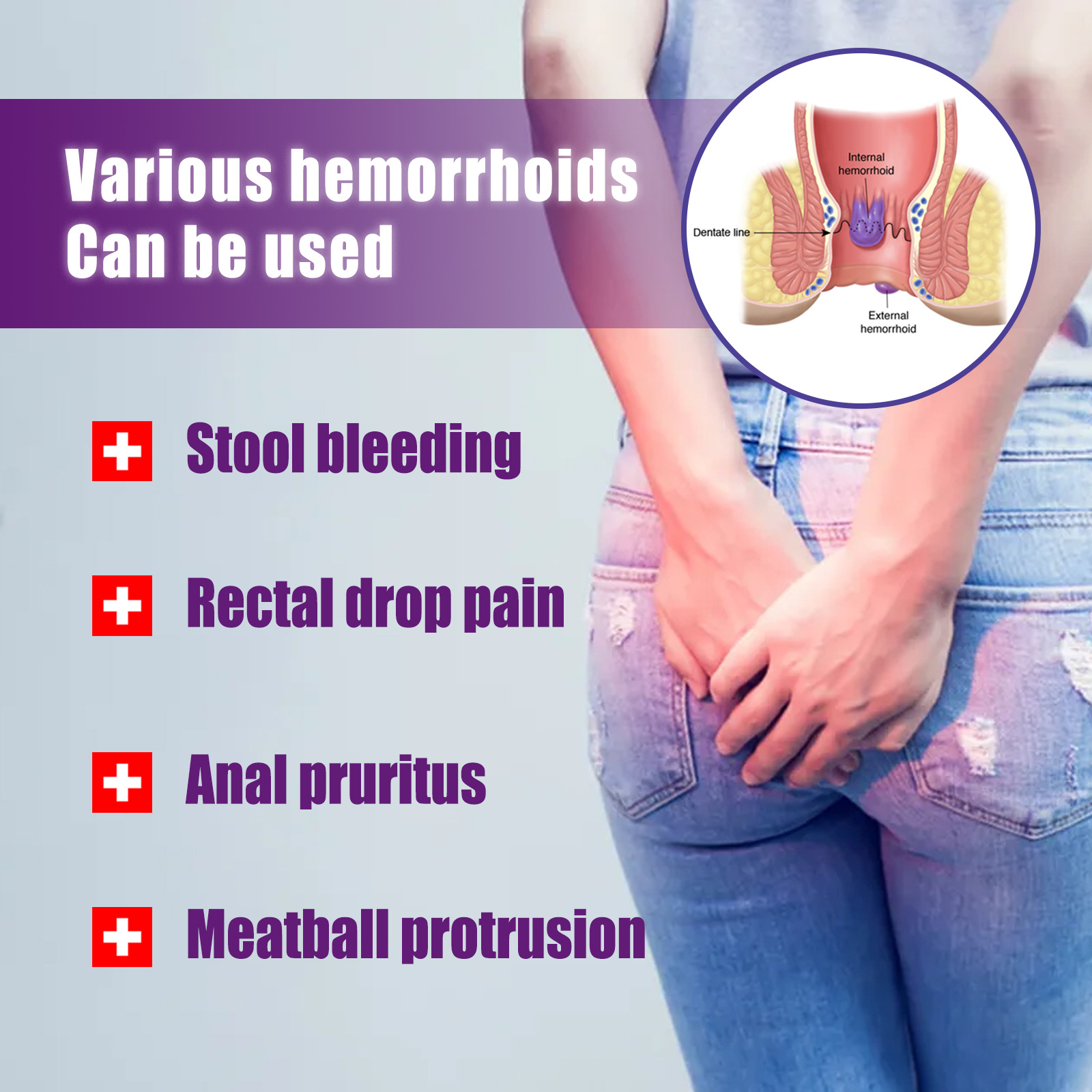 Jeans-clad person holding lower back with hemorrhoid relief spray bottle beside