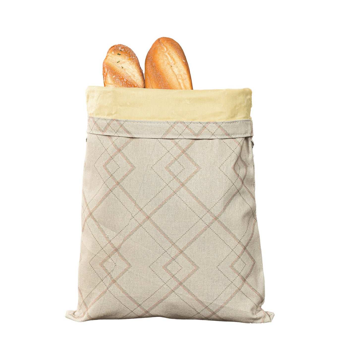 Cotton linen bread bag, light plaid diamond pattern in gray and blush; cuffed top