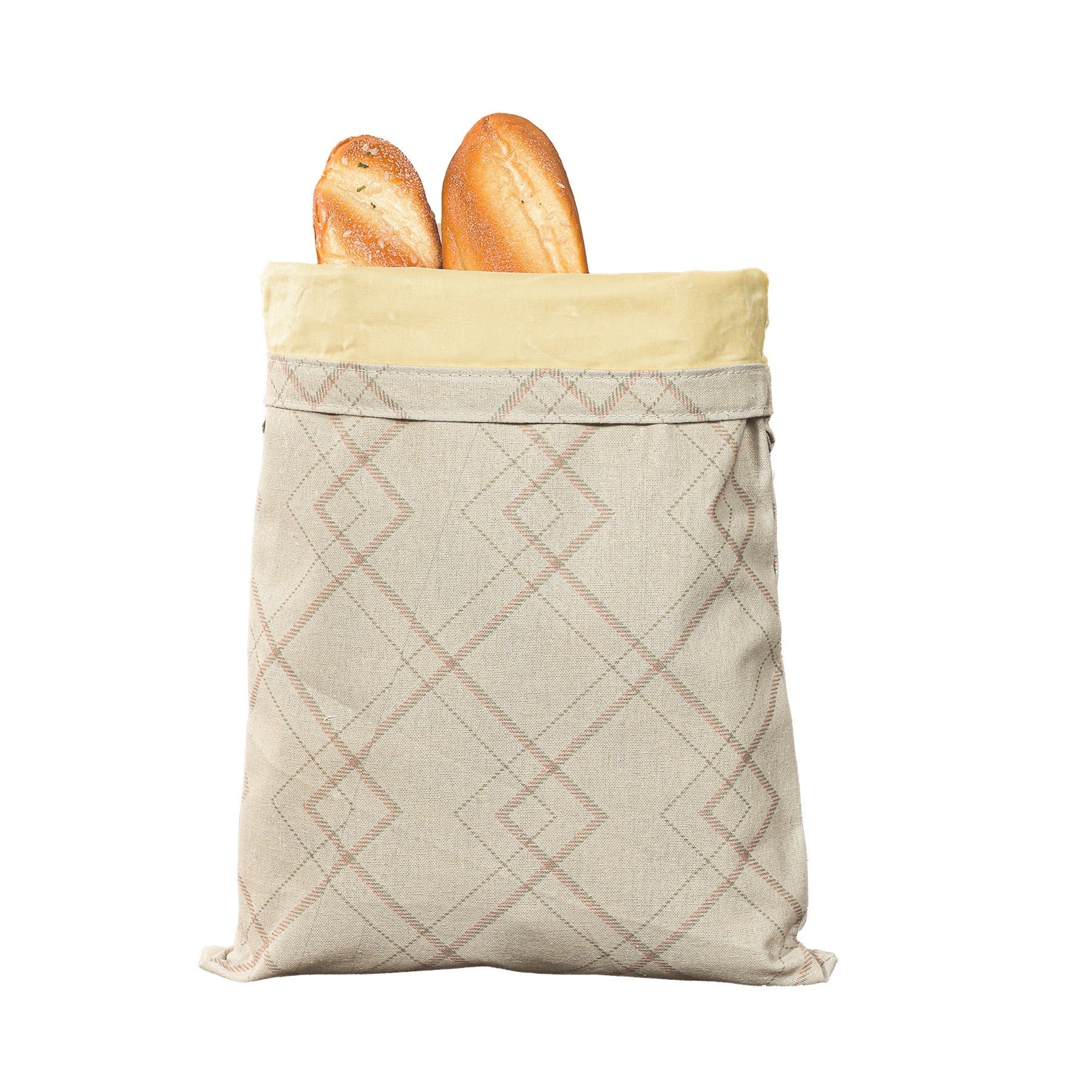 Cotton linen bread bag, light plaid diamond pattern in gray and blush; cuffed top