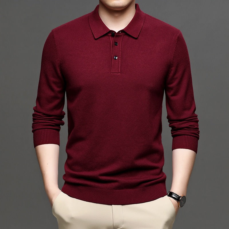 Deep wine red knit polo sweater with button placket and ribbed cuffs