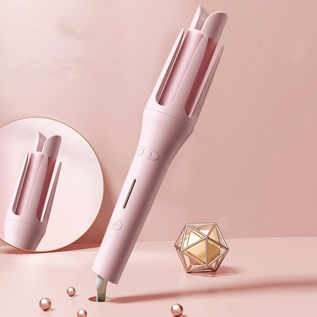 Pink automatic electric hair curler with rotating barrel and safety guard tip