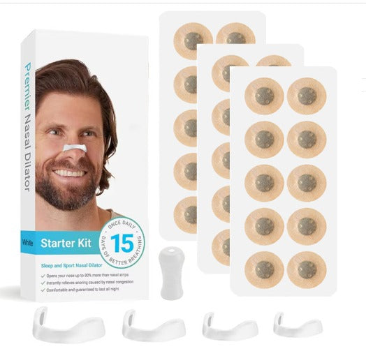 White nasal dilator starter kit box with patch sheets and white nose dilator pieces
