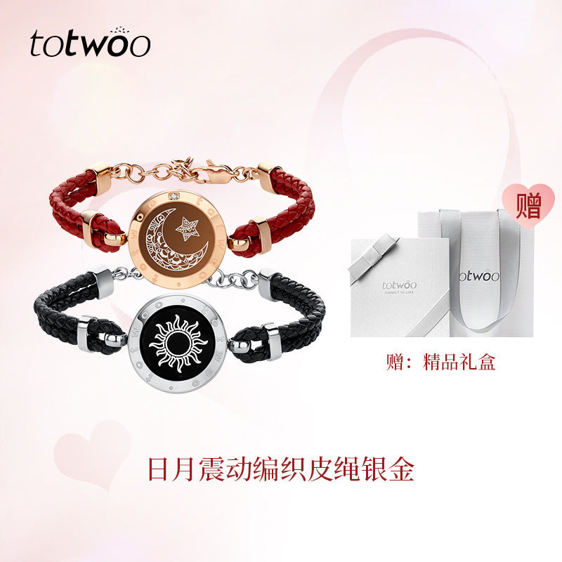 Red and black smart couple bracelets with rose-gold and silver round charm discs