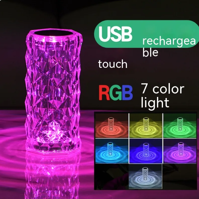 Purple pink faceted crystal rose LED night light, cylindrical crystal lantern