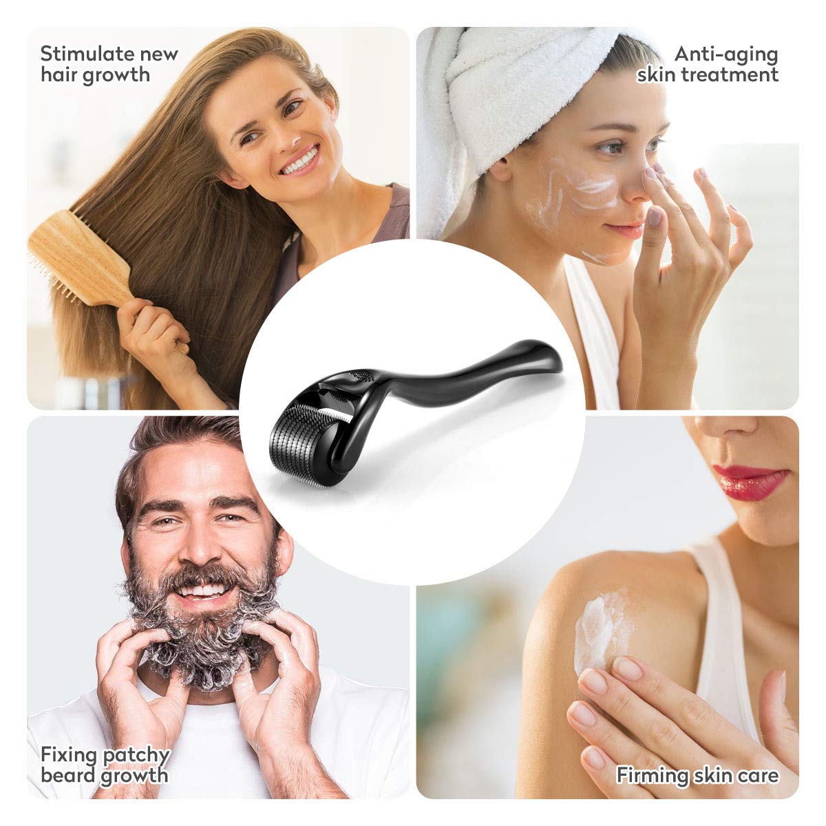 Microneedling face roller shown alongside skincare use scenarios