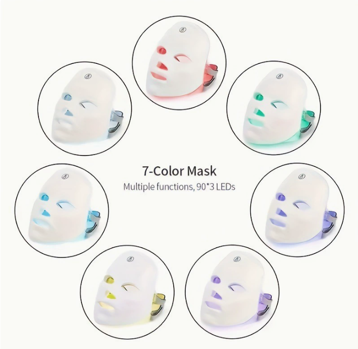 White 7-color LED face mask shown with multiple colored light settings