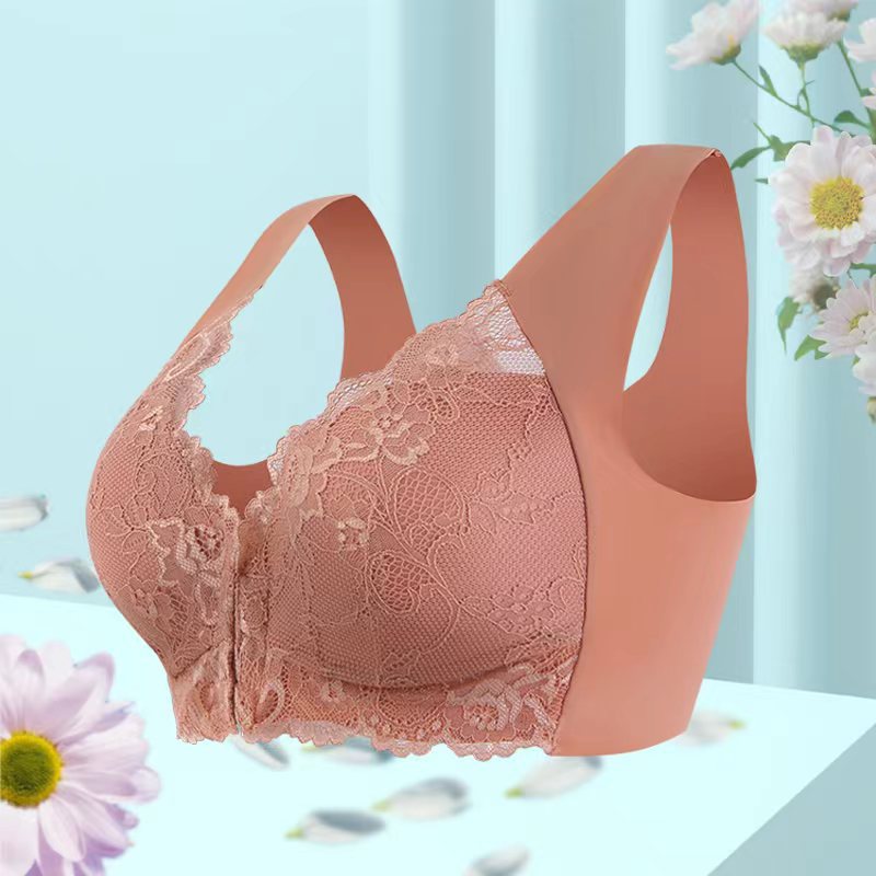 Brown lace wireless bra with scalloped trim and underwire-free support