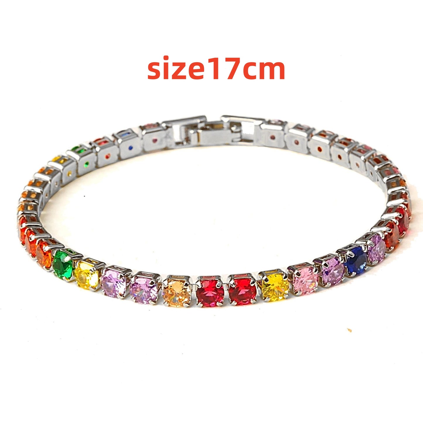 Silver-toned tennis bracelet with multicolor zircon stones, 17 cm