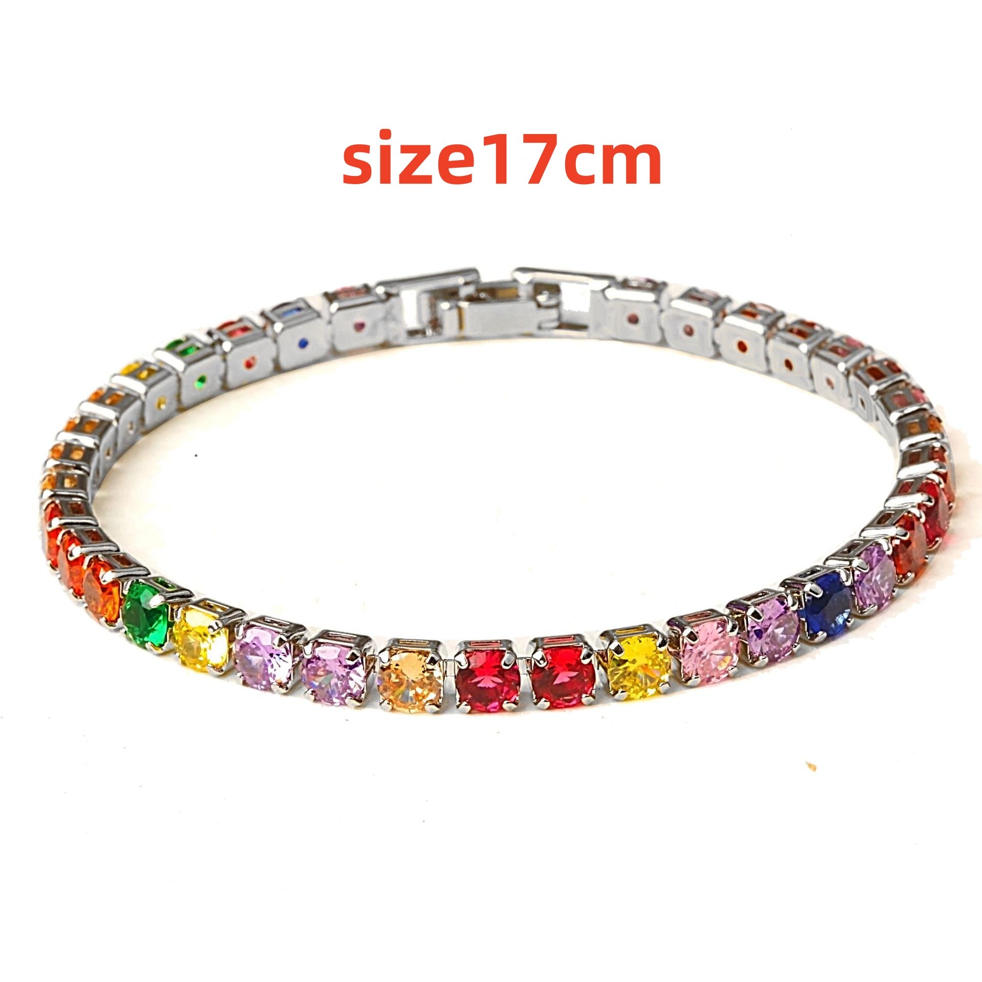Silver-toned tennis bracelet with multicolor zircon stones, 17 cm