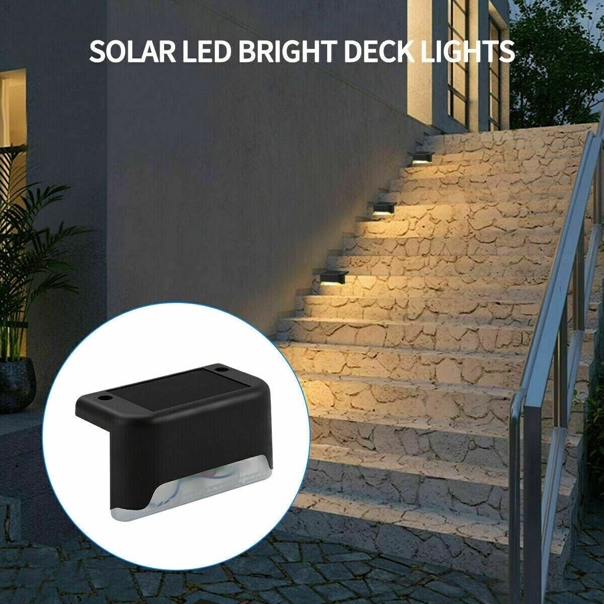 Solar LED deck step light, black fixture shown near outdoor stone steps