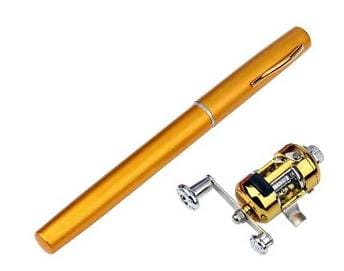 Gold portable pocket fishing rod with reel, metal crank handle and compact tube