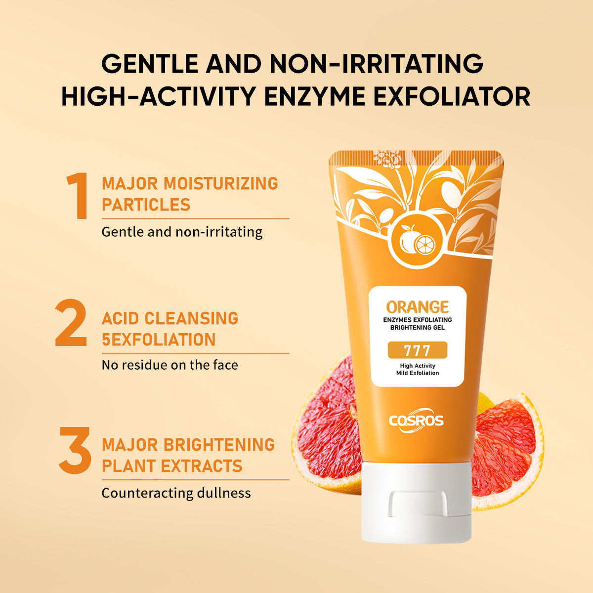 Orange enzyme exfoliating brightening gel tube with white cap and front label