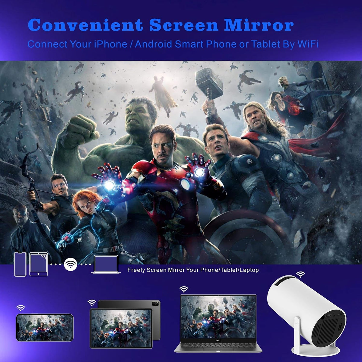 White portable projector with compact body and front lens, front and side view.