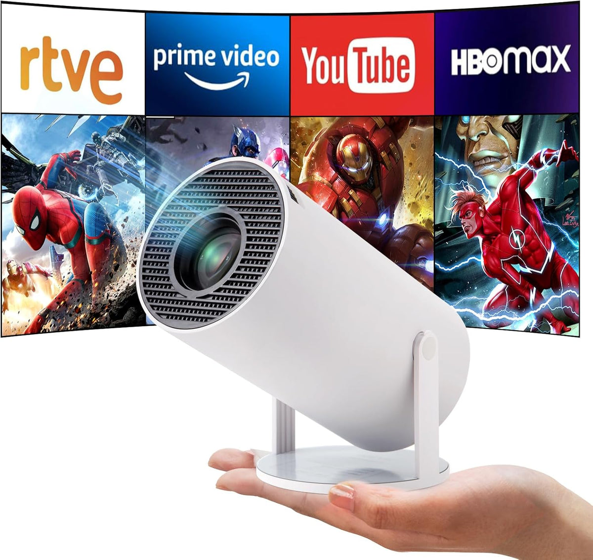White portable projector on stand with front grille, angled close-up.