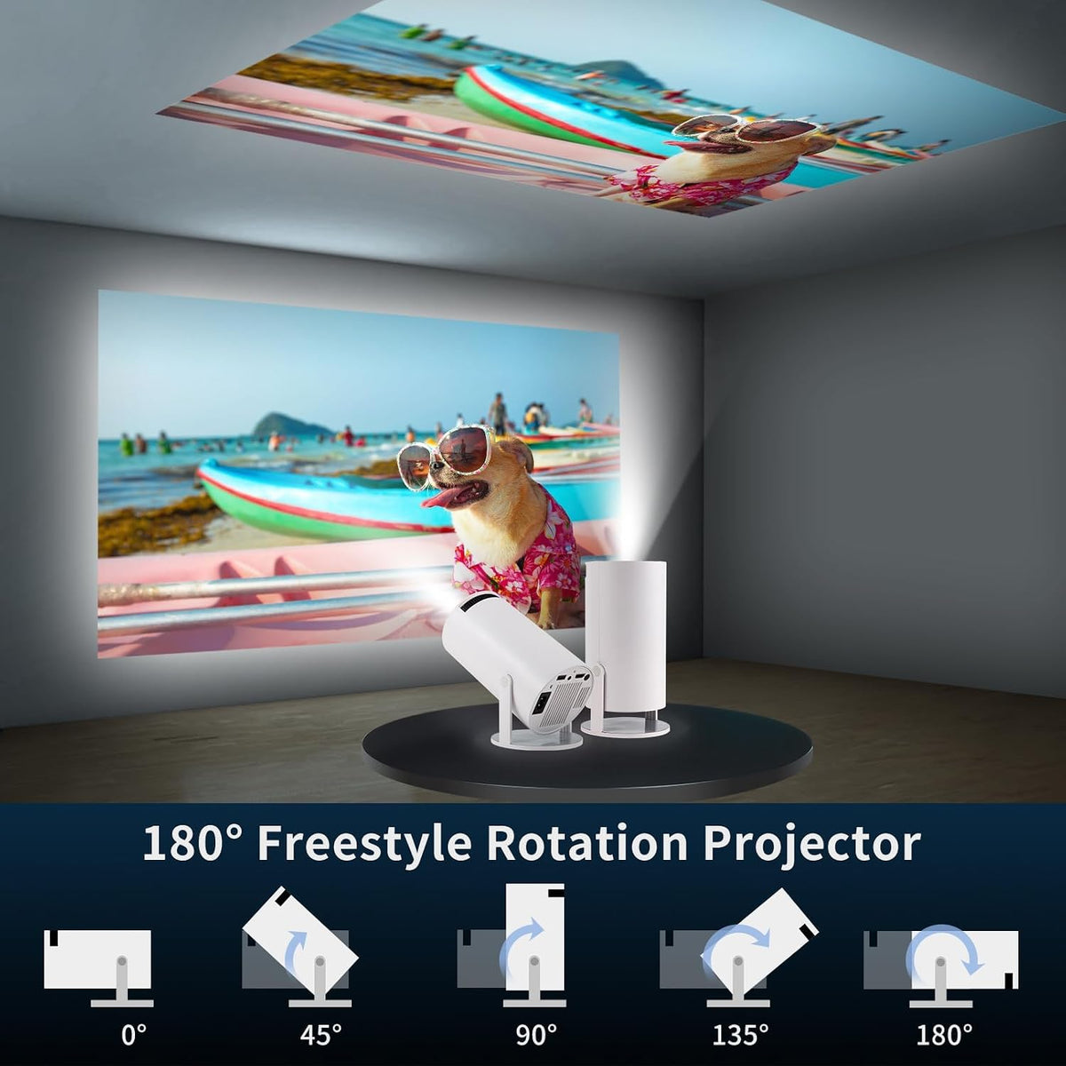 White portable projector with adjustable base, side view of lens unit.