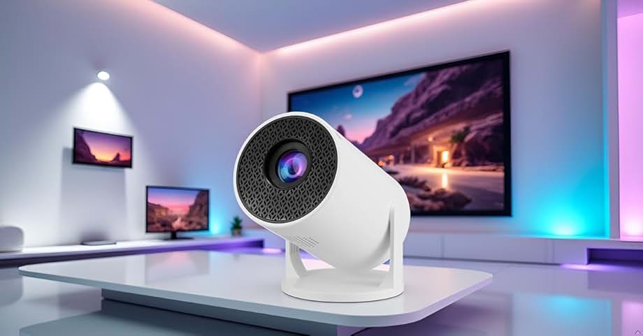White portable projector on stand with front lens, front three-quarter view.