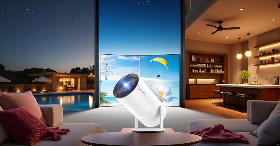White portable projector on table with front lens, side three-quarter view.