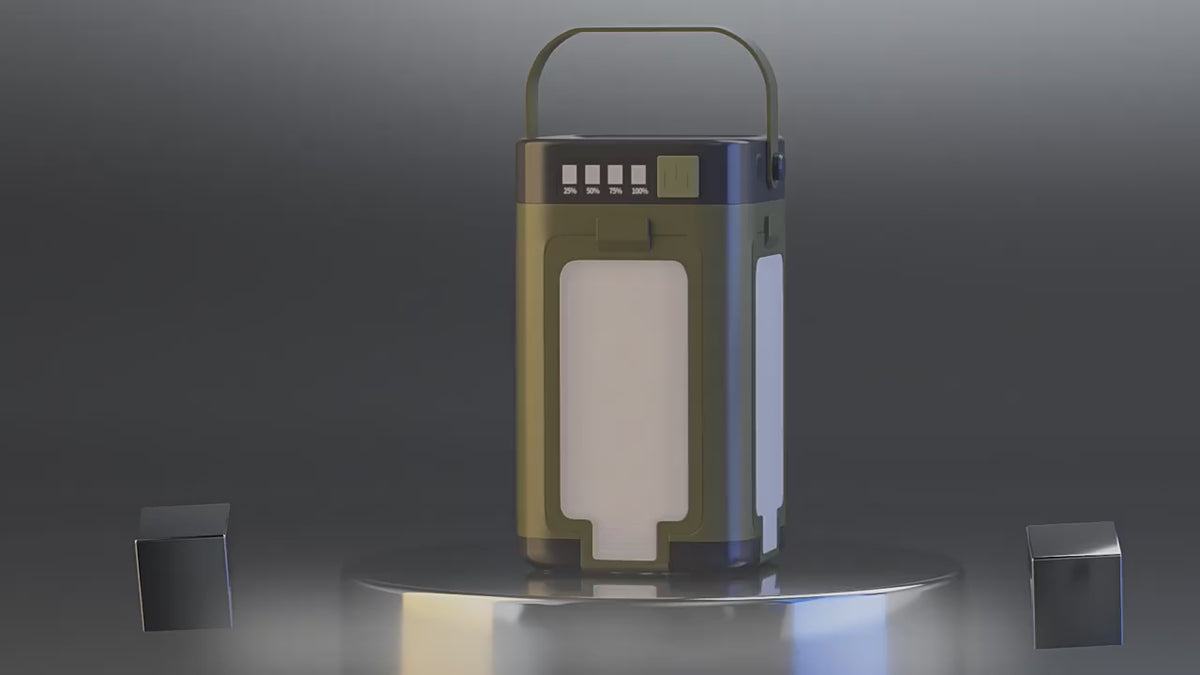 Green lantern with a handle, illuminated display, on a reflective surface, against a gray backdrop.