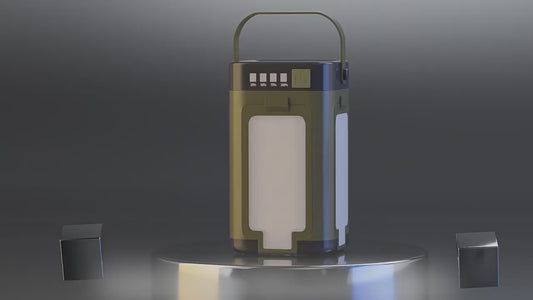 Green lantern with a handle, illuminated display, on a reflective surface, against a gray backdrop.