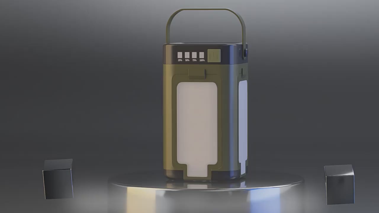 Green lantern with a handle, illuminated display, on a reflective surface, against a gray backdrop.
